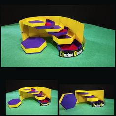 three different views of a curved bench made out of cardboard and colored paper, with the bottom section open