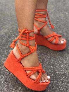 These Womens Thick Sole Cross Tied Sandals are a must-have for summer fashion. With an open toe design, these sandals will keep your feet comfortable and stylish. The thick sole adds extra support and durability, making them perfect for all-day wear. Orange Sandals, Tie Sandals, Modern Sandals, Gladiator Heels, Platform Wedge Heels, Lace Up Wedges, Womens Sandals Wedges, Stylish Sandals, Carrie Bradshaw