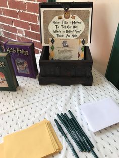 there are many items on the table to be used for harry potters birthday party