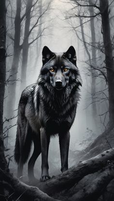 a wolf standing in the middle of a forest