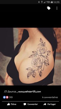 a woman's chest with a rose tattoo on her left shoulder and right breast