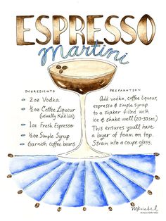 Espresso Martini Cocktail Recipe Watercolor Art Print - Marcella Kriebel Art + Illustration Recipe Watercolor, Expresso Martini, Espresso Martini Cocktail, Espresso Martini Recipe, Recipe Art, Illustrated Recipe, Classic Cocktail Recipes, Boozy Drinks, Martini Recipes