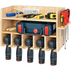 T-SIGN Power Tool Storage Organizer,  Drill Holder Wall Mount Drill Charging Station Garage Tool Cabinet, Hanging Screwdriver Rack Organization for Home, Workshop, Workbench, Easy to Install Features T-SIGN tool box organizer with larger storage space is big enough to storage many tools, 5 drill holders for drill, 2 shelves on the top for different tools and Power Tool Charging, 7 slots for screwdrivers This screw organizer is made of premium solid wood, durable, sturdy, moisture proof, and comp Drill Charging Station, Power Tool Organizer, Garage Storage Racks, Power Tool Storage, Garage Tool Organization, Drill Holder, Tool Box Organization, Tool Rack, Tool Box Storage