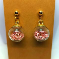 These Are Handmade Earrings With Peachy-Pink Metallic Flecks In 16mm Glass Globes. Gold-Coated Hypoallergenic Ball Studs. Globe Earrings, Wooden Bead Earrings, Art Nouveau Earring, Crystal Teardrop Earrings, Glass Globes, Crystal Buttons, Hand Crafted Jewelry, Beaded Dangle Earrings, Antique Earrings