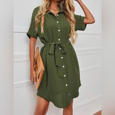 Womens Short Sleeve Collared Army Green Button Up Shirt Dress With Removable Belt Knee Length Nwot - Perfect Condition. No Rips, Stains Or Flaws **This Runs Large. It’s An Xs But Could Fit Small Or Medium** Material Is Thin So You Want A Slip Under It Measurements: Pit To Pit- 19” Shoulder To Bottom- 34-35” (Dress Is A Little Higher On The Sides) Birthday Fashion, Lehenga Blouse, Short Sleeve Dress Shirt, Plain Shirt, Princess Grace, Belted Shirt Dress, Shirt Dress Casual, Plain Shirts, Vestido Casual