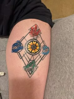 a person with a tattoo on their arm that has four symbols in the center and two flowers at the bottom