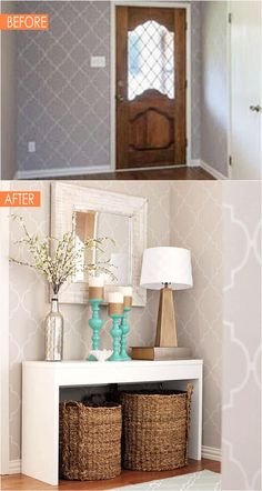 before and after photos of a white console table with baskets on it, in front of a door