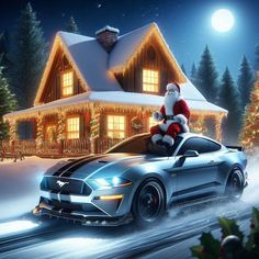 a santa clause sitting on the hood of a car in front of a christmas house