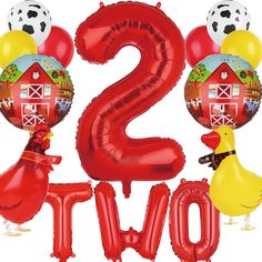 the number two balloons have farm animals on them and are attached to each balloon in the shape of a house