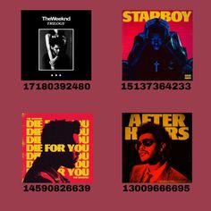 four different album covers on a red background