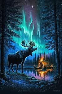 a painting of a moose standing next to a campfire in the woods with northern lights