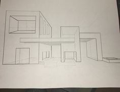 a drawing of a house that is in the process of being drawn by someone's hand