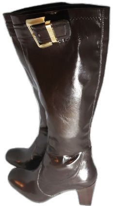 Brown Patent Leather Work Boots, Brown Patent Leather Boots Medium Width, Brown Patent Leather Closed Toe Boots, Brown Patent Leather Boots For Formal Occasions, Brown Patent Leather Boots With Almond Toe, Chocolate Brown Boots, Thick Heel, Franco Sarto Shoes, Gold Branding