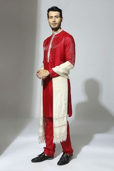 Red straight kurta with contrast embroidered placket and collar. Comes with matching pant and beige stole with lace trims and tasse hem. - Aza Fashions Designer Red Kurta With Embroidered Border, Red Traditional Wear With Embroidered Border And Straight Kurta, Red Straight Kurta With Embroidered Border, Red Embroidered Kurta With Traditional Drape, Red Kurta With Embroidered Border For Festive Season, Red Kurta With Embroidered Border, Red Embroidered Border Kurta, Festive Red Embroidered Kurta, Unstitched Red Kurta With Embroidered Border