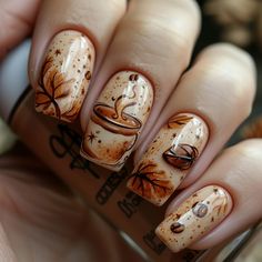 Brown Mushroom Nails, Fall Coffee Nails, Toenail Art Designs Fall, Iced Coffee Nails, Fall Inspiration Nails, Coffee Nails Designs, Fall Nail Art Designs Autumn, Hot Chocolate Nails, Coffee Nail Art