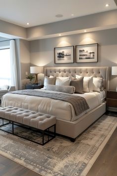 A modern bedroom with a large bed, neutral decor, and two landscape photographs above the headboard. Cozy Neutral Bedroom, Bedroom Remodeling, Dream Sleep, Elegant House, Neutral Bedroom Decor, Weathered Furniture