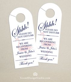 two wedding door hangers with the words shh please do not disturb