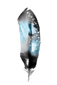 a watercolor painting of a feather on a white background with black and blue colors