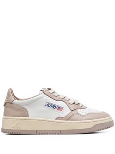 Medalist low-top sneaekers from Autry featuring beige, white, calf leather, panelled design, logo patch to the side, branded insole, round toe, front lace-up fastening and flat rubber sole. Panel Design, Design Logo, Low Top, Patch Logo, Calf Leather, Lace Front, Rubber Sole, Fashion Branding, Shoes Sneakers