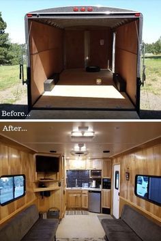 before and after photos of an rv's interior