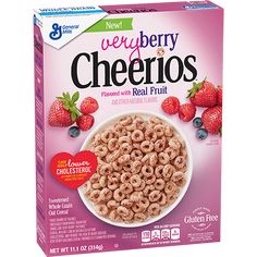 a box of very berry cheerios cereal with real fruit