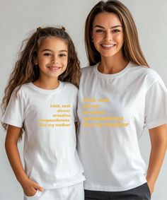 Mommy and me matching tees. Twin with your mother or daughter and tell the world how much you love her! Cute matching tees with text reading 'Kind, cool, clever, creative, compassionate like my mother/daughter'. Cute casual outfits, suitable for beach wear, street wear and family events. Love Your Mother, Design Shirts, Matching Tees, Family Events, Beach Wears, Text Design, Beach Wear, Daughter Love, Mommy And Me