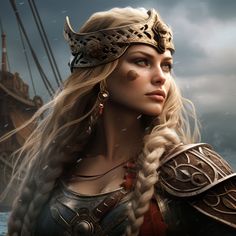 a woman with long blonde hair wearing a helmet and braid standing in front of a ship