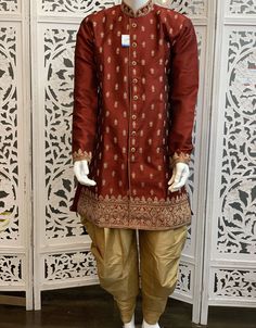 Maroon men's kurta with embroidery all over paired with gold pyjama to add sparkle to your look. Material:Silk Long Sleeve Jamawar Kurta For Eid, Festive Gold Unstitched Suit With Long Sleeves, Festive Jamawar Kurta With Long Sleeves, Festive Gold Unstitched Long Sleeve Suit, Gold Art Silk Long Sleeve Churidar, Gold Art Silk Churidar With Long Sleeves, Gold Art Silk Sherwani With Long Sleeves, Gold Art Silk Long Sleeve Sherwani, Festival Jamawar Sets With Long Sleeves