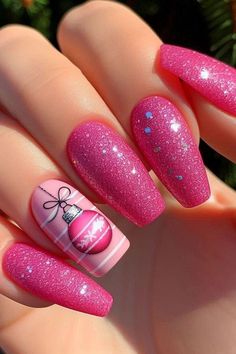 Hot Pink Gel Nails Ideas, Nails 2024 Pink, Fall Pink Nails Shades, Disney Winter Nails, Bright Holiday Nails, Bright Christmas Nails, Red And Pink Nails Ideas, Pink Glitter Nail Art, Cute Pink Things