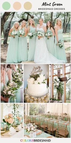 the bridesmaid dresses are mint green and white