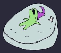 a cartoon frog laying on top of a pillow with barbed wire around it's neck