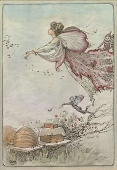 an illustration of a fairy flying over a table