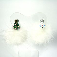 Small White Real Mink Fur Ball Pom Pom Crystal Rhinestone Snowman Christmas Tree Dangle Drop Earring Festive White Dangle Crystal Earrings, White Winter Party Jewelry, White Festive Earrings For Winter, Festive White Earrings For Winter, Casual Earrings, Snowman Christmas Tree, Ear Pins, Czech Crystal, Snowman Christmas