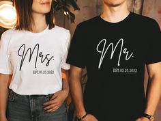 "Mr and Mrs Shirt, Mr and Mrs, Just Married Shirt, Honeymoon Shirt, Wedding Shirt, Wife And Hubs Shirts, Just Married Shirts, Couples Shirts ⭐Please Check All Photos For Details.   🐞Choose Your T-Shirt Size From The Drop-Down Lists Next To The item Picture   ⭐Choose Of Your T-Shirt Color From The 2nd Picture   🐞Use \"Add message to Seller\" link On The Checkout Page To Send me the Following important Details For Your Order's Customization.   ⭐Shipping Time Varies by location (we are located in Sugar Land, Texas) please consider that our turn around time is 1 to 3 business days.     ⭐Which brand do you use for t-shirts? We use Gildan Soft Style, Bella Canvas Unisex, Rustic United, Outlash, Tees Factory, Hanes, Comfort Color District and Next Level when we have a shortage of stocks for cer Just Married Shirts, Wedding Tshirts, Couples Shirts, Married Shirt, Groom Shirts, Mrs Shirt, Honeymoon Shirts, Husband Shirts, Matching Couple Shirts