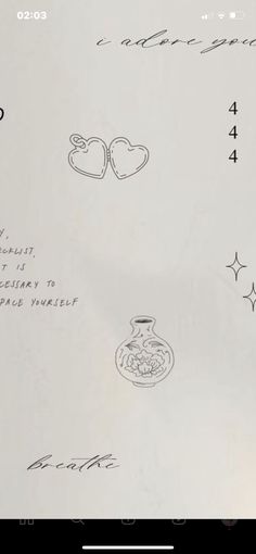 an image of some drawings on paper with words and symbols in the middle, including two hearts