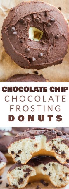 chocolate chip chocolate frosted frosting on top of an iced donut with text overlay