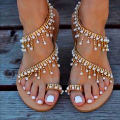 Boho Crystal Diamond Pearl Fringe Sandals Brand New! Never Worn / Still Wrapped In Tissue In Box! Size: 7 Perfect For A Bride / Wedding / Date Night / Beach / Special Occasion / Casual / Dressy Slipper Shoes Women, Gladiator Flats, Casual Sandals Womens, Pearl Sandals, Flat Gladiator Sandals, Crystal Sandals, Boho Sandals, Rhinestone Sandals, Womens Summer Shoes