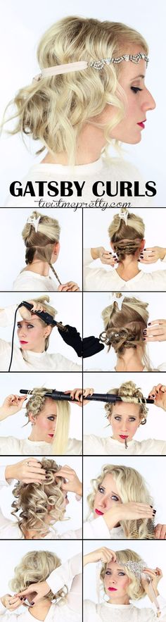 The perfect Gatsby Curls for your 1920 flapper girl costume! Come checkout the vintage updo and watch the easy to follow video tutorial! | Twist Me Pretty: Flapper Girl Costumes, Different Hair Styles, Vintage Updo, Diy Wedding Hair, Great Gatsby Party, Vintage Wedding Hair