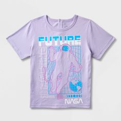 Encourage your kid to dream big with this NASA Adaptive Short-Sleeve Graphic T-Shirt. Made from 100% cotton for cool comfort, this lavender tee features a tagless design. Back snaps allow for easy dressing, while a crewneck with a banded collar offers a classic look. Featuring the NASA logo, an astronaut graphic and the text "I Am the Future," it makes a perfect pairing with any of their favorite joggers. Purple Pre-shrunk T-shirt For Spring, Lavender Graphic Cotton Tee, Lavender Cotton Graphic Tee, Lavender Graphic Tee In Cotton, Purple Cotton Tops With Graphic Design, Lavender Graphic Print Crew Neck T-shirt, Lavender Graphic Tee With Print, Lavender Short Sleeve T-shirt With Graphic Print, Lavender Graphic Print Crew Neck Top