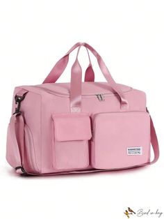 a pink duffel bag with two pockets