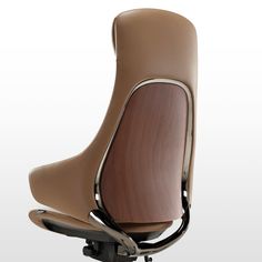 an office chair with a brown leather seat and back rest, viewed from the front