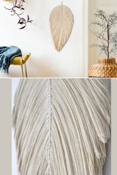 This timeless beauty whereby hundreds of cotton strands are meticulously hand knotted with the labor-intensive combing process and suspended on felt backing to create a textural oasis. Rope Sculpture, Hanging Leaves, Fiber Art Wall Hanging, Exclusive Home, Wall Decor Design, Handmade Macrame