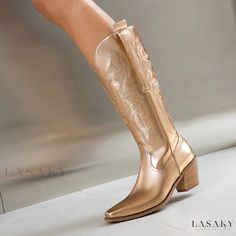 Lasaky - Western-style Cowboy Boots with Floral Embroidery and Chunky Heel - Rain and Coffee Resistant Gold Western Boots For Winter, Fitted Gold Western Boots, Rain And Coffee, Dress Cake, Rainy Weather, Sophisticated Dress, Western Cowboy Boots, Cowgirl Boots, Western Cowboy