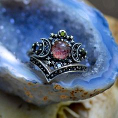 Swank Metalsmithing Wedding Ring Set. Size 5.5 Strawberry Quartz And Black Diamonds Triple Moon Style. Sells For $700 On Etsy. Worn But No Flaws. Goth Engagement, Goth Engagement Rings, Black Opal Ring, Triple Moon, 5 Rings, Wedding Ring Set, Black Diamonds, Strawberry Quartz, Opal Ring