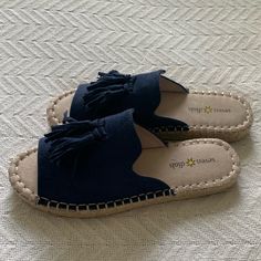 Seven Diols Espadrille Navy Blue Tassel Sandals Slides Size: 6.5 New Without Tags!!!! Never Worn!!! Closed Toe Sandals With Tassels For Spring, Spring Fringe Sandals With Round Toe, Casual Sandals With Tassels And Round Toe, Casual Closed Toe Sandals With Tassels, Summer Fringe Sandals With Round Toe, Fringe Round Toe Sandals For Summer, Navy Sandals For Beach In Spring, Navy Sandals For Beach And Spring Season, Summer Fringe Sandals