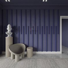 a room with blue and white striped walls, two stools and a busturine