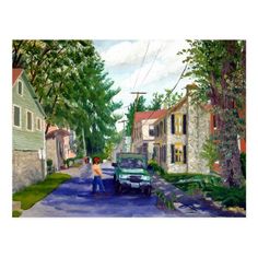 a painting of a person standing next to a car on a street with houses in the background