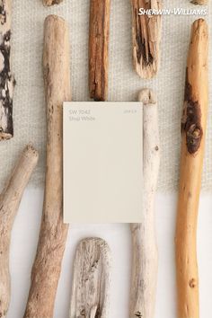 various driftwood pieces are arranged next to a notepad