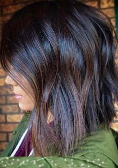 Short Dark Brown Hair With Peekaboos, Fall Medium Length Hair Color, Bilage Hair Color Brown Balayage, Fall Hair Colors For Medium Length Hair, Black Bob With Money Piece, Dark Shag Haircut, Dark Hair With Ombre, Peekaboo Hair Colors Medium Length, Subtle Ombre For Dark Hair