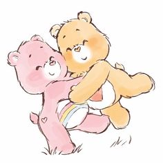 a drawing of a teddy bear hugging a pink teddy bear on the back of it's head